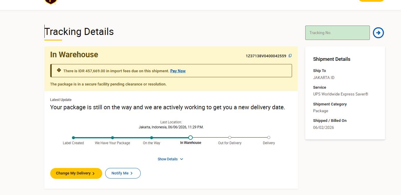 UPS Indonesia tracking page import fees due sample
