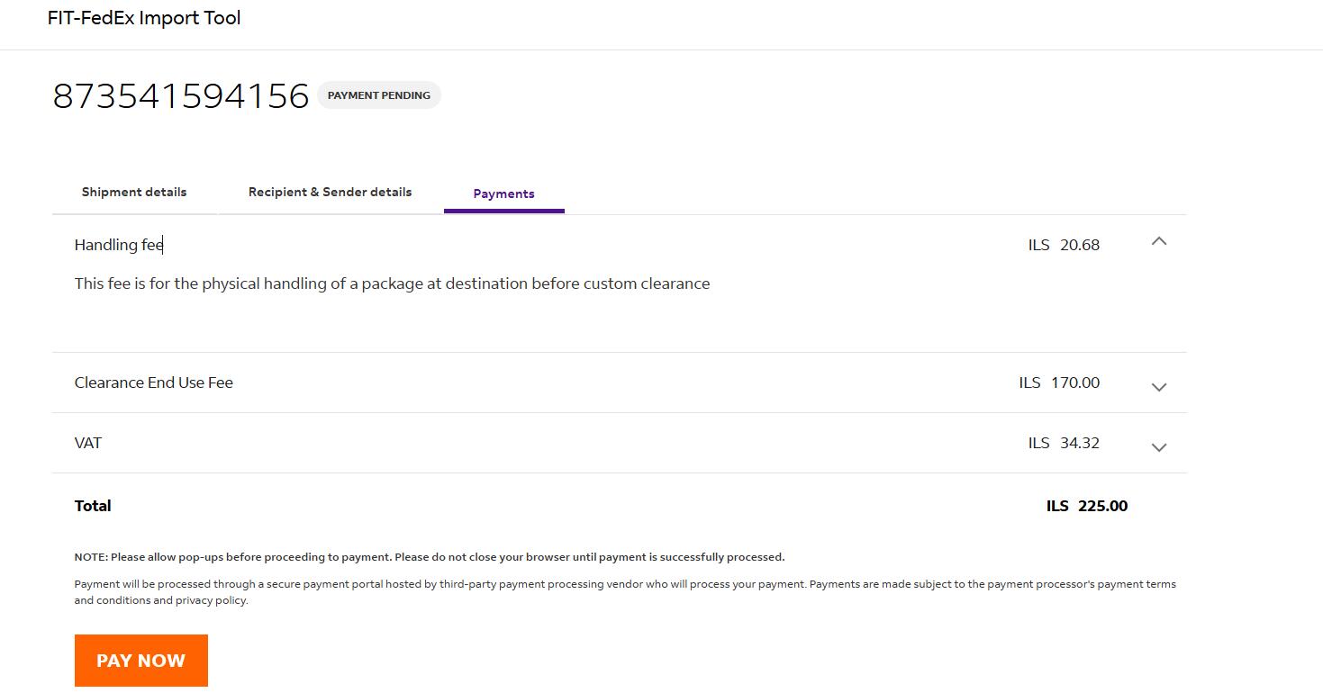 FedEx Israel handling fee ILS 20.68 sample