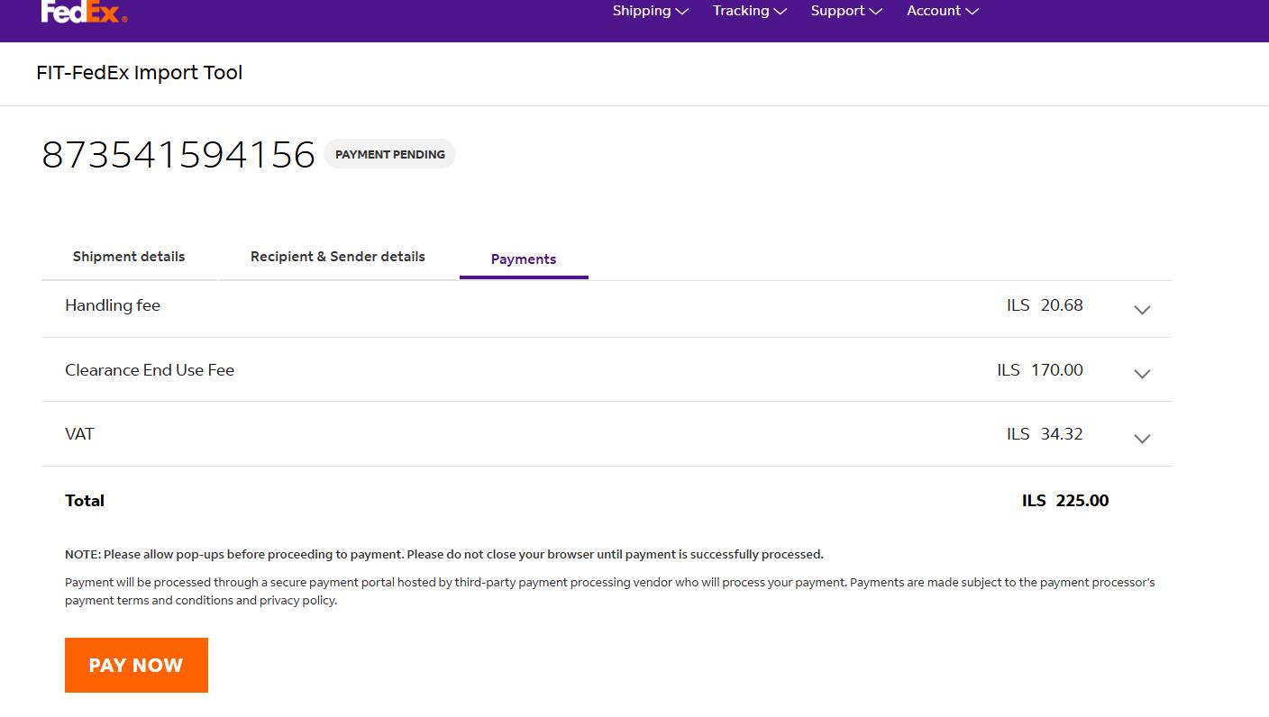 FedEx Israel Import Tool payment pending ILS 225 sample