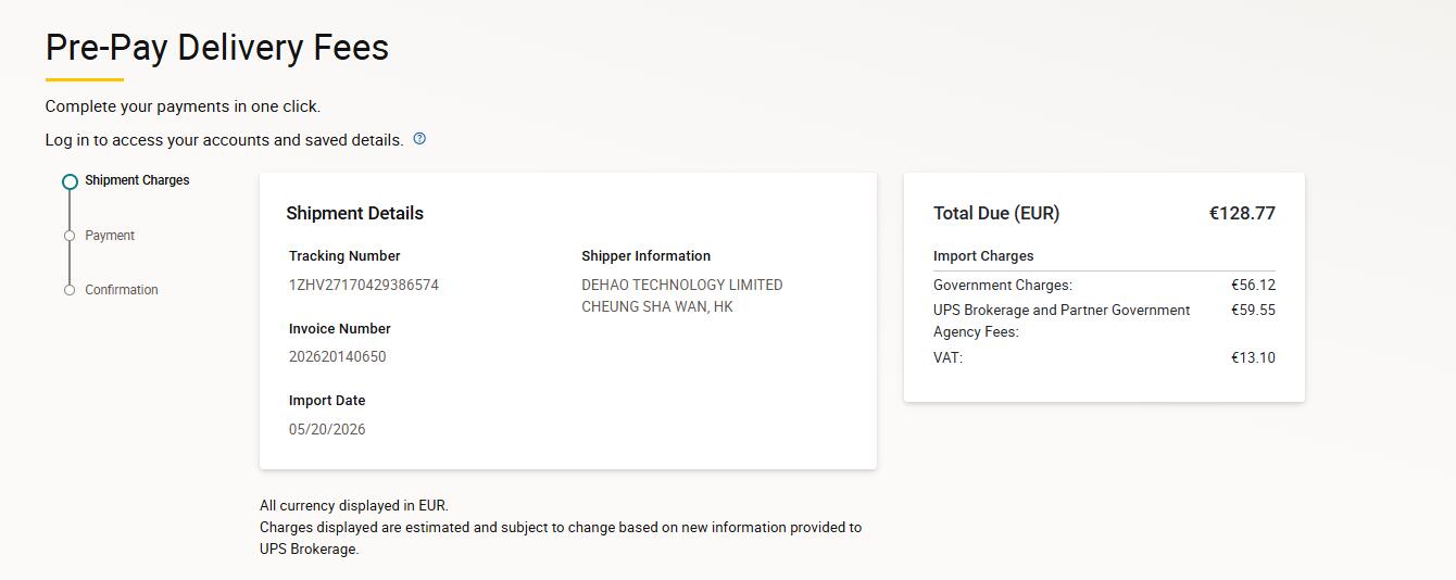 UPS Italy pre-pay delivery fees import charges sample