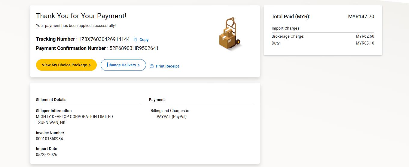 UPS Malaysia payment confirmation import charges sample