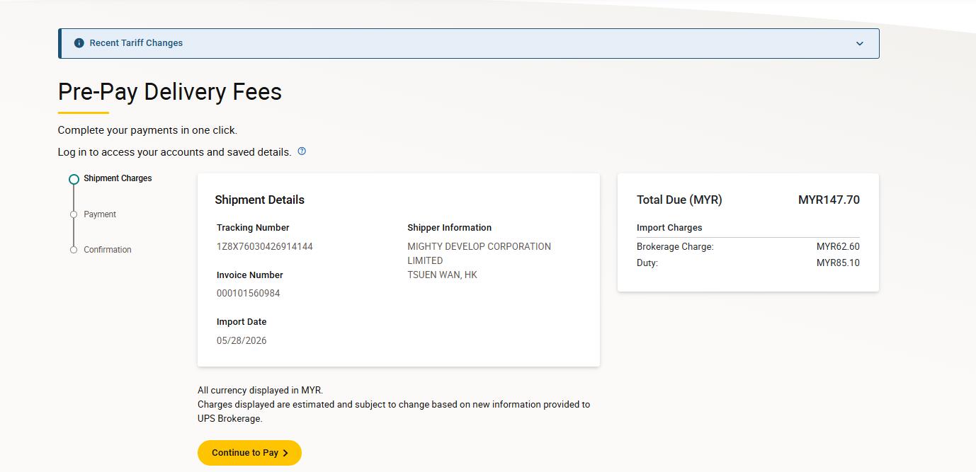 UPS Malaysia pre-pay delivery fees import charges sample