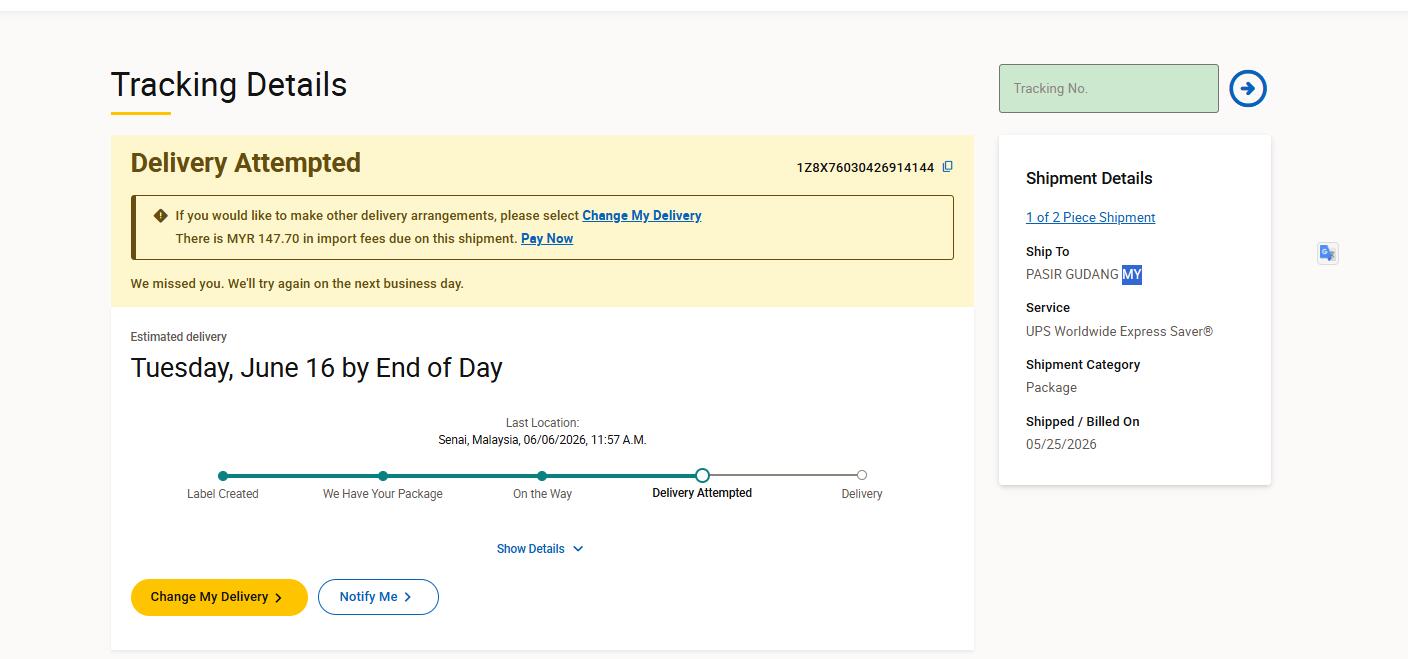 UPS Malaysia tracking page import fees due sample