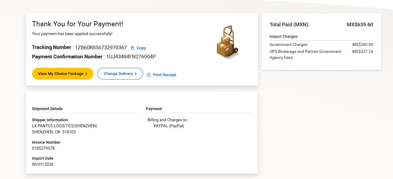 UPS Mexico payment confirmation import charges sample