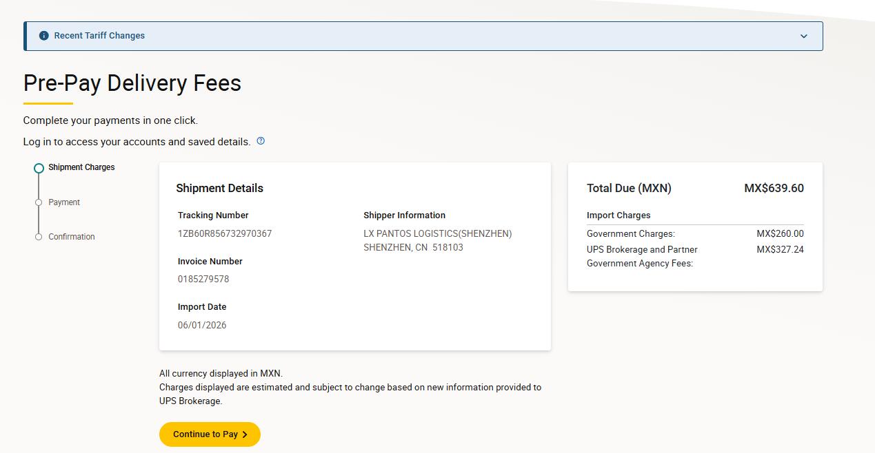 UPS Mexico pre-pay delivery fees import charges sample