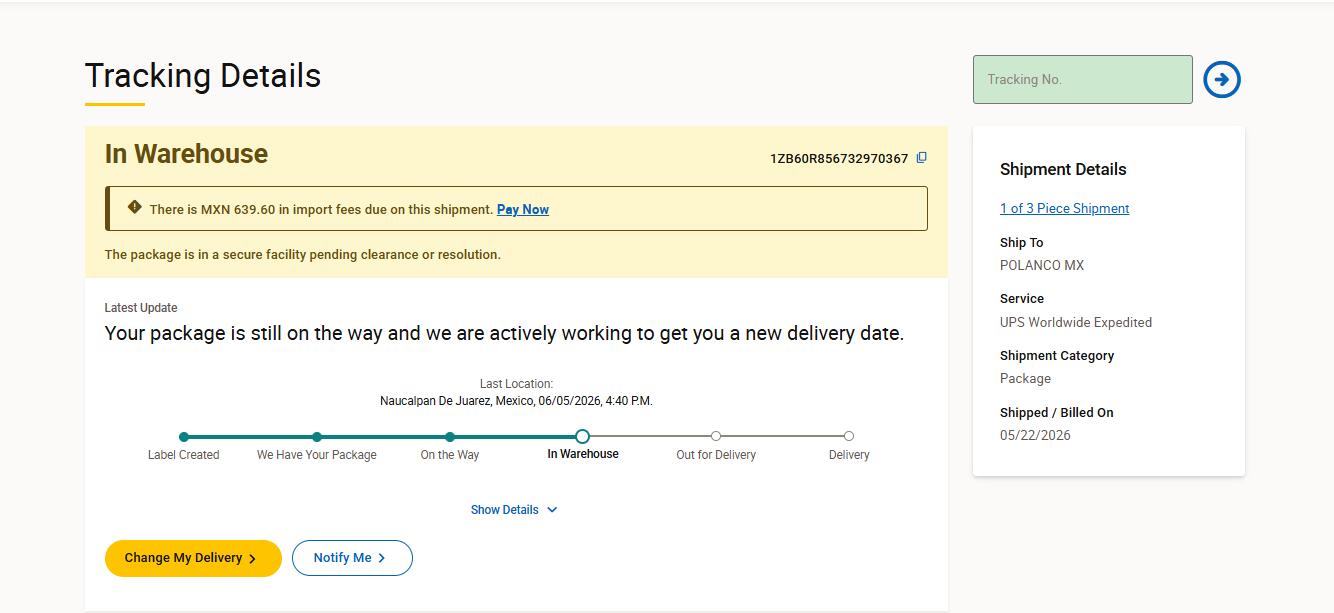 UPS Mexico tracking import fees due sample