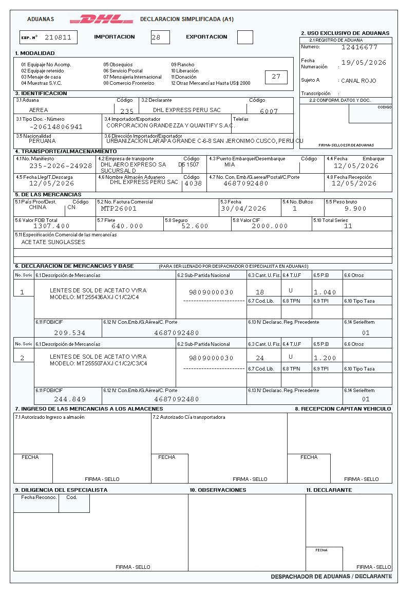 Peru DHL simplified declaration page 1