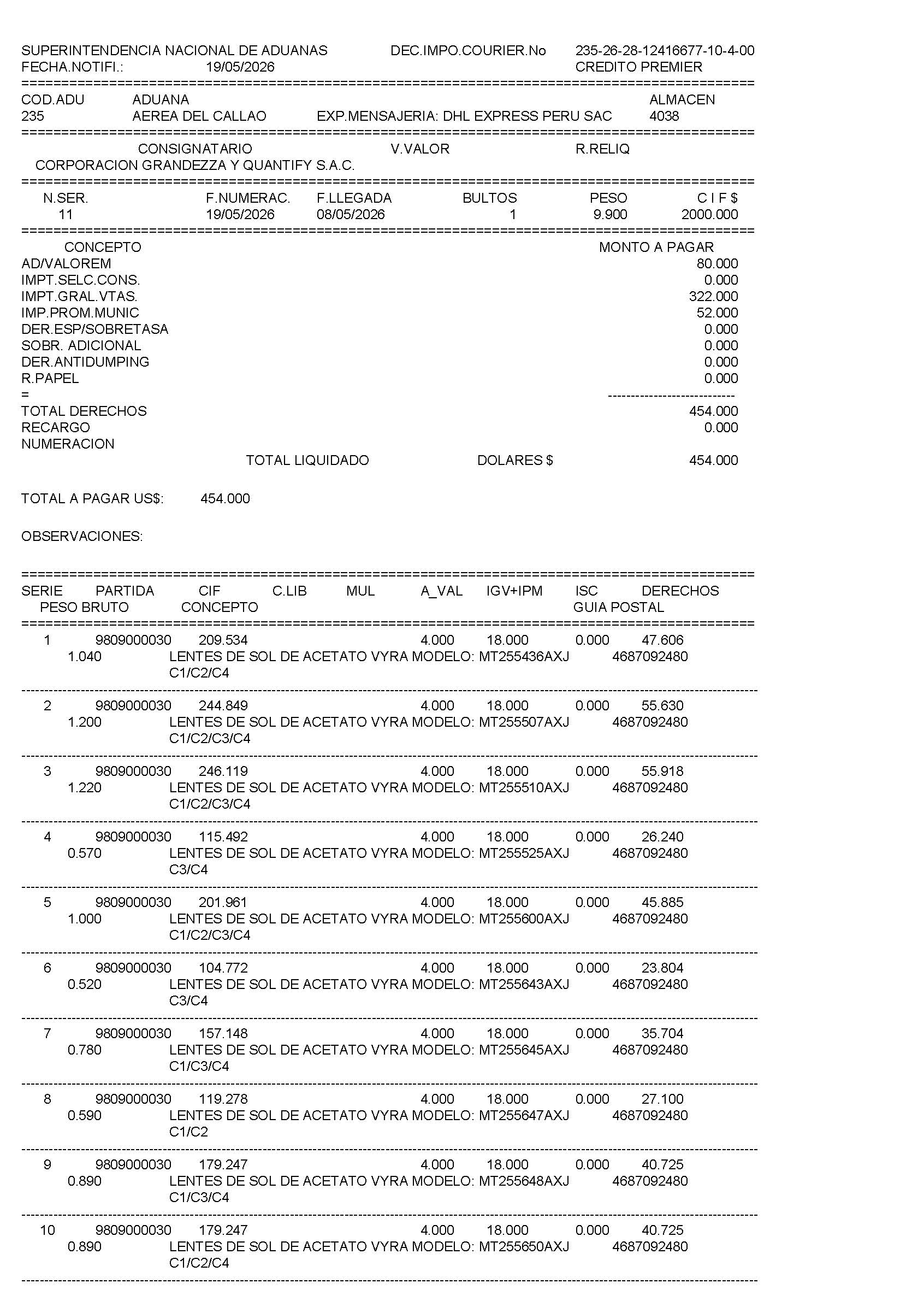Peru DHL customs tax liquidation detail