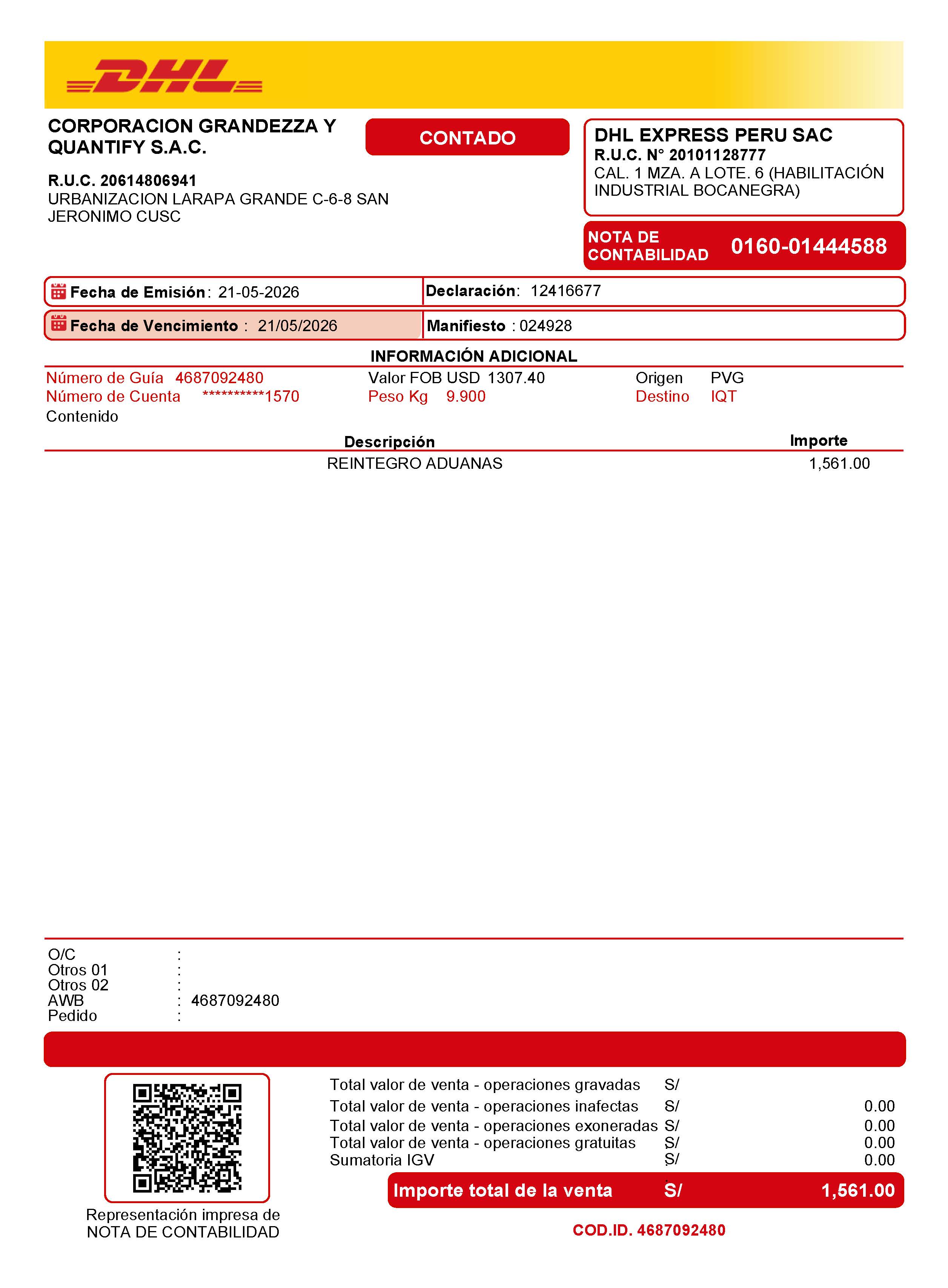DHL Peru nota de contabilidad tax reimbursement sample