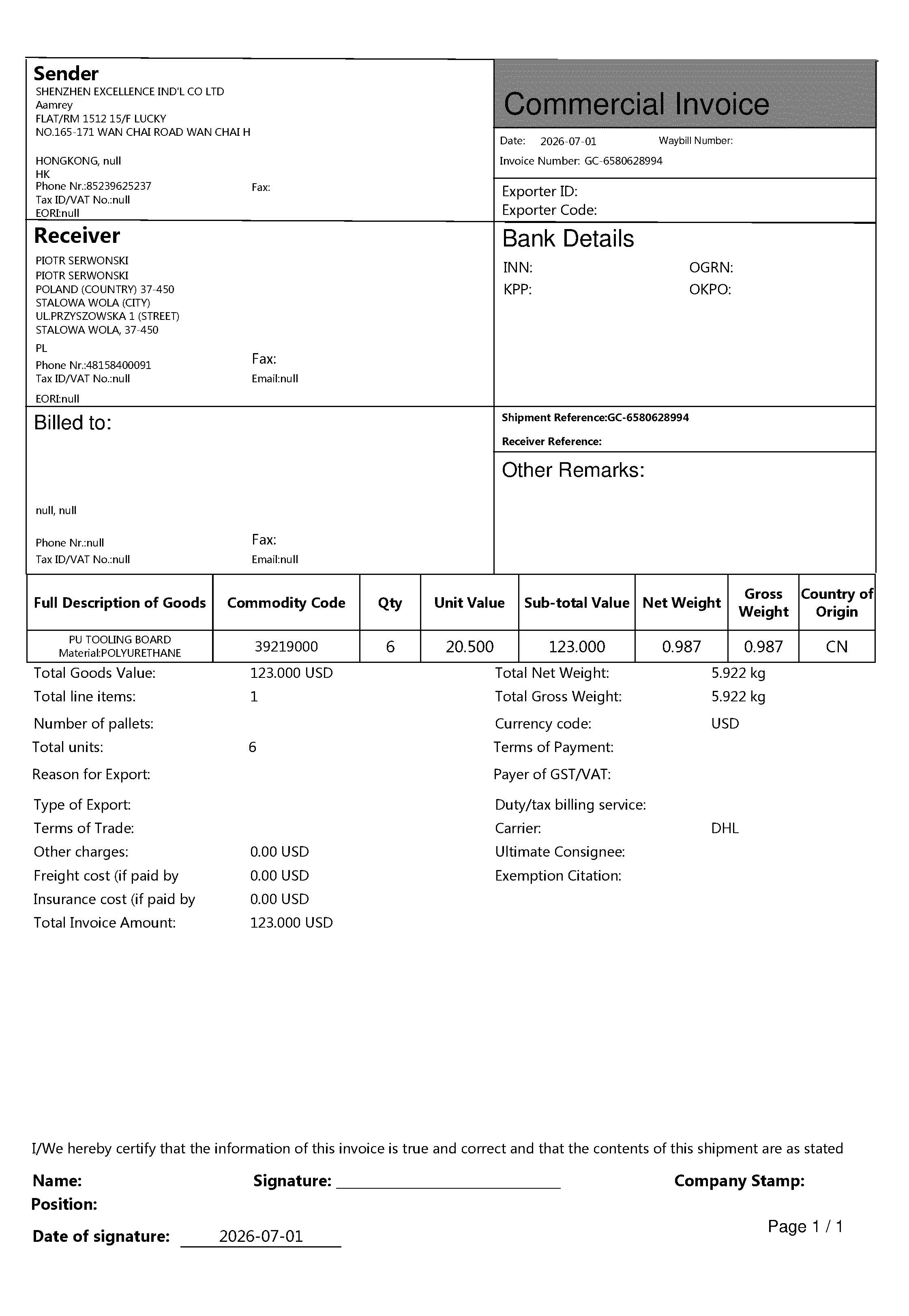 Commercial invoice for DHL Poland shipment 4691883416