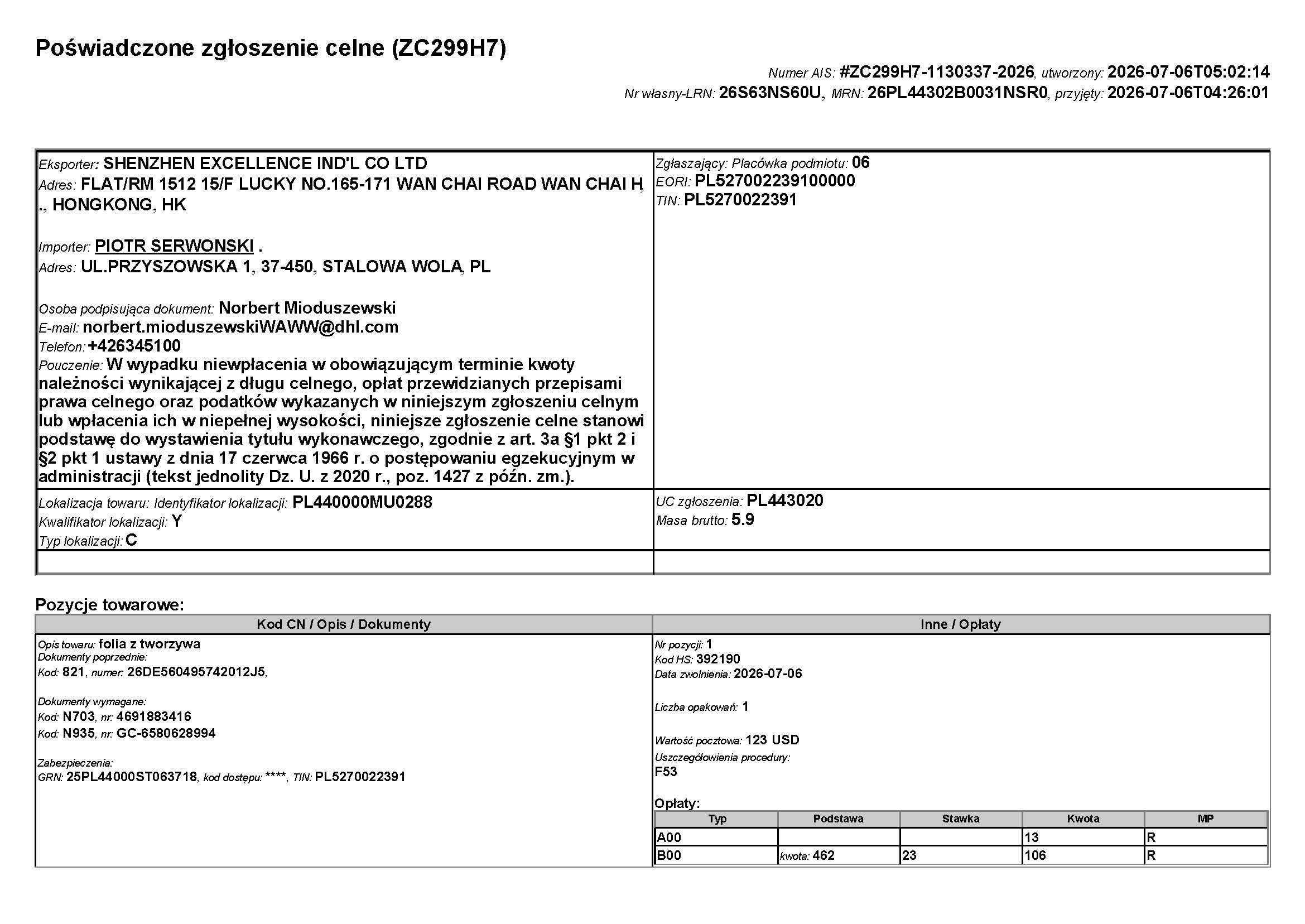 Poland customs entry ZC299H7 page 1 DHL shipment 4691883416