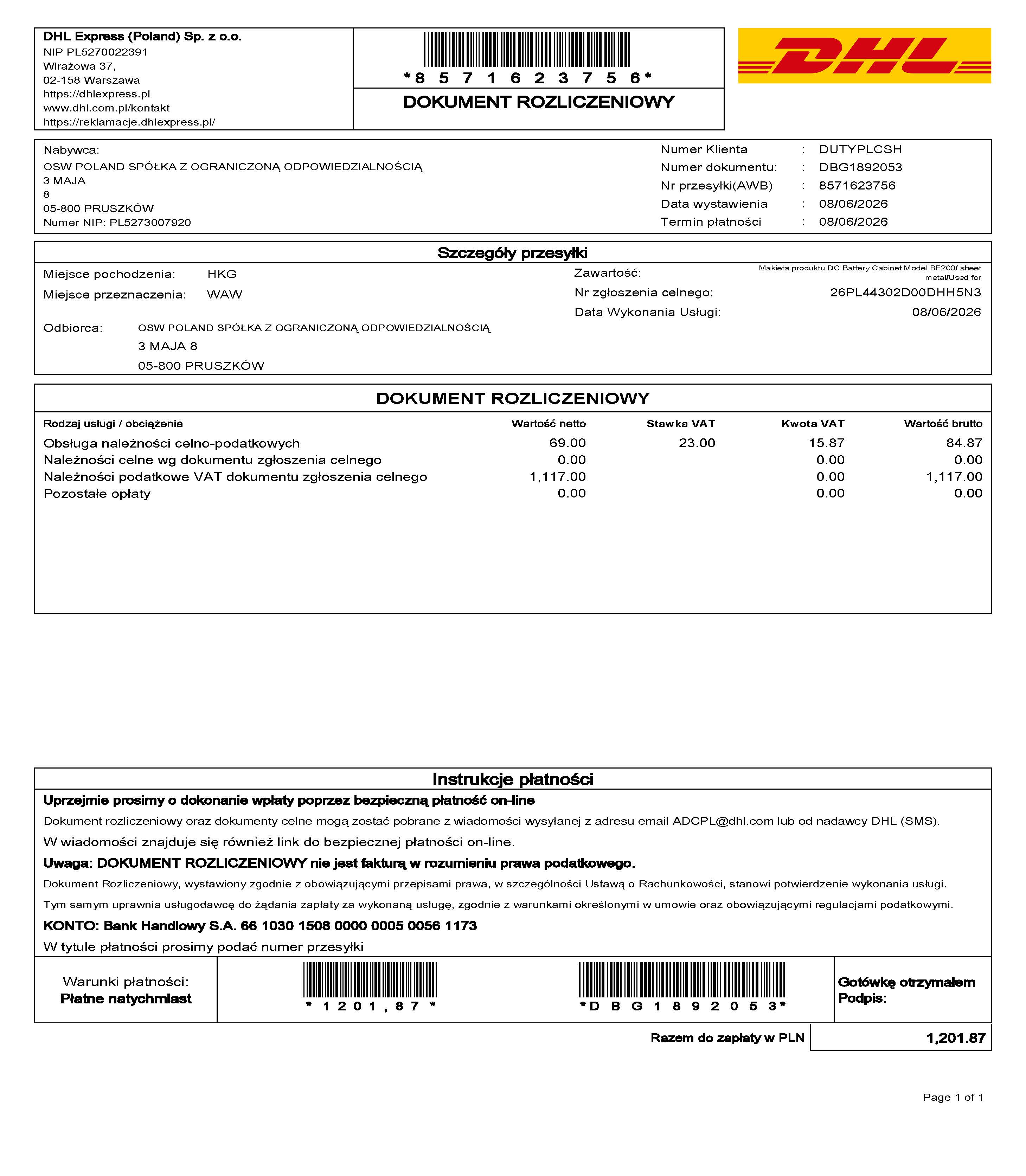 DHL Poland Dokument Rozliczeniowy 1201.87 PLN page 1 sample