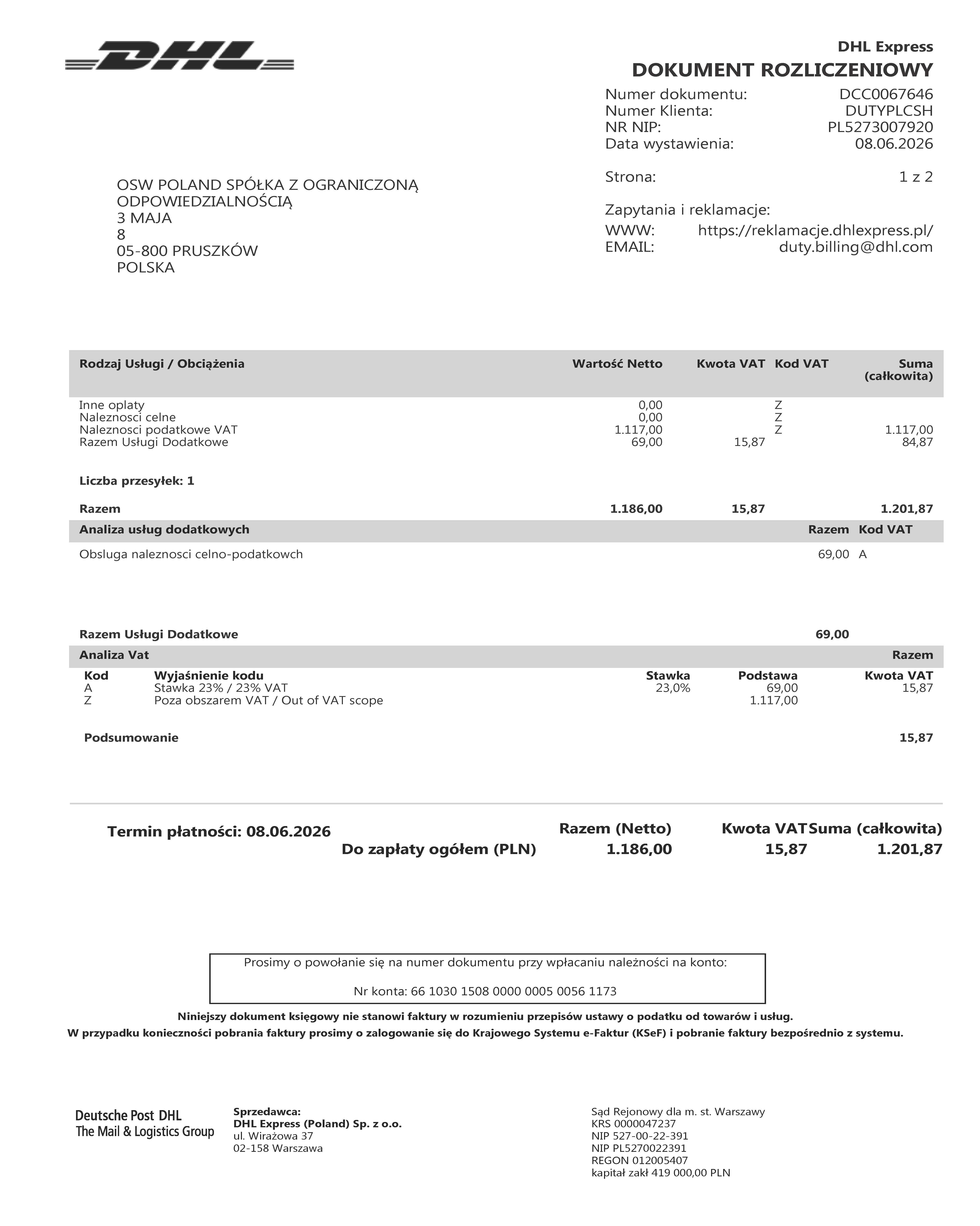 DHL Poland Dokument Rozliczeniowy 1201.87 PLN page 2 sample