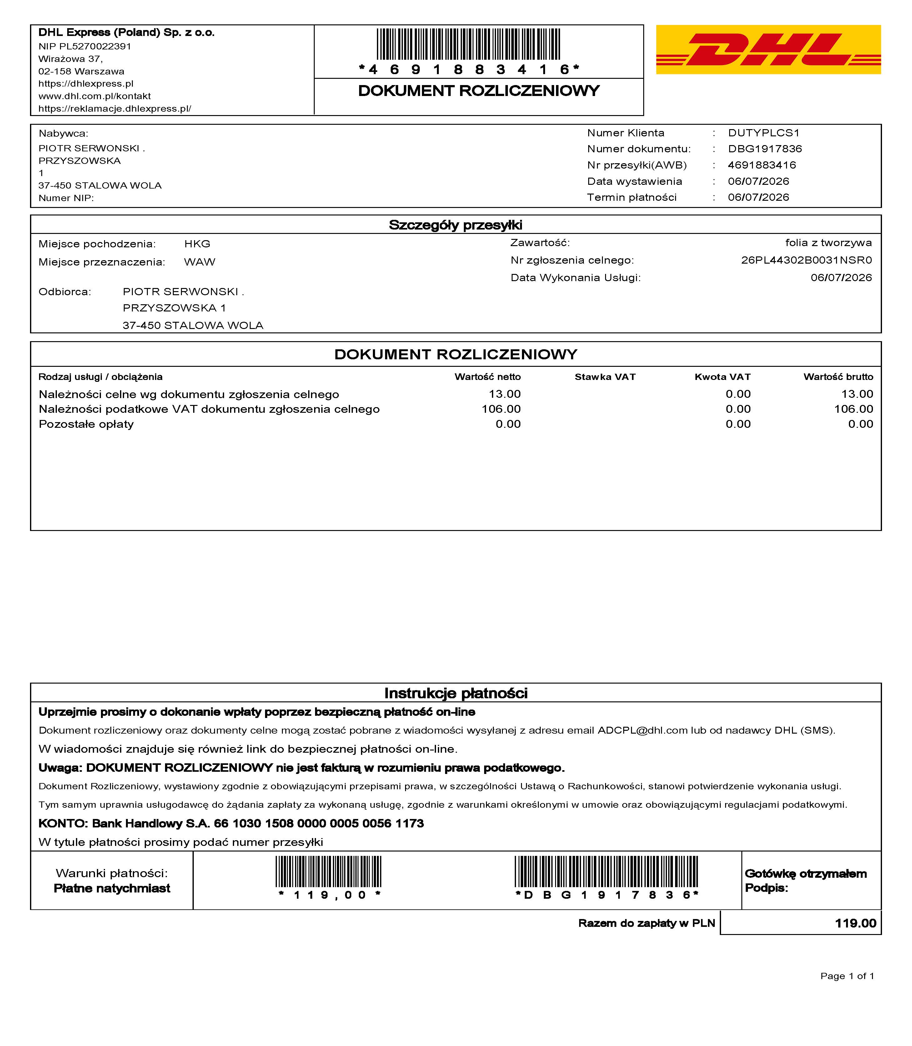 DHL Poland Dokument Rozliczeniowy DBG1917836 for shipment 4691883416