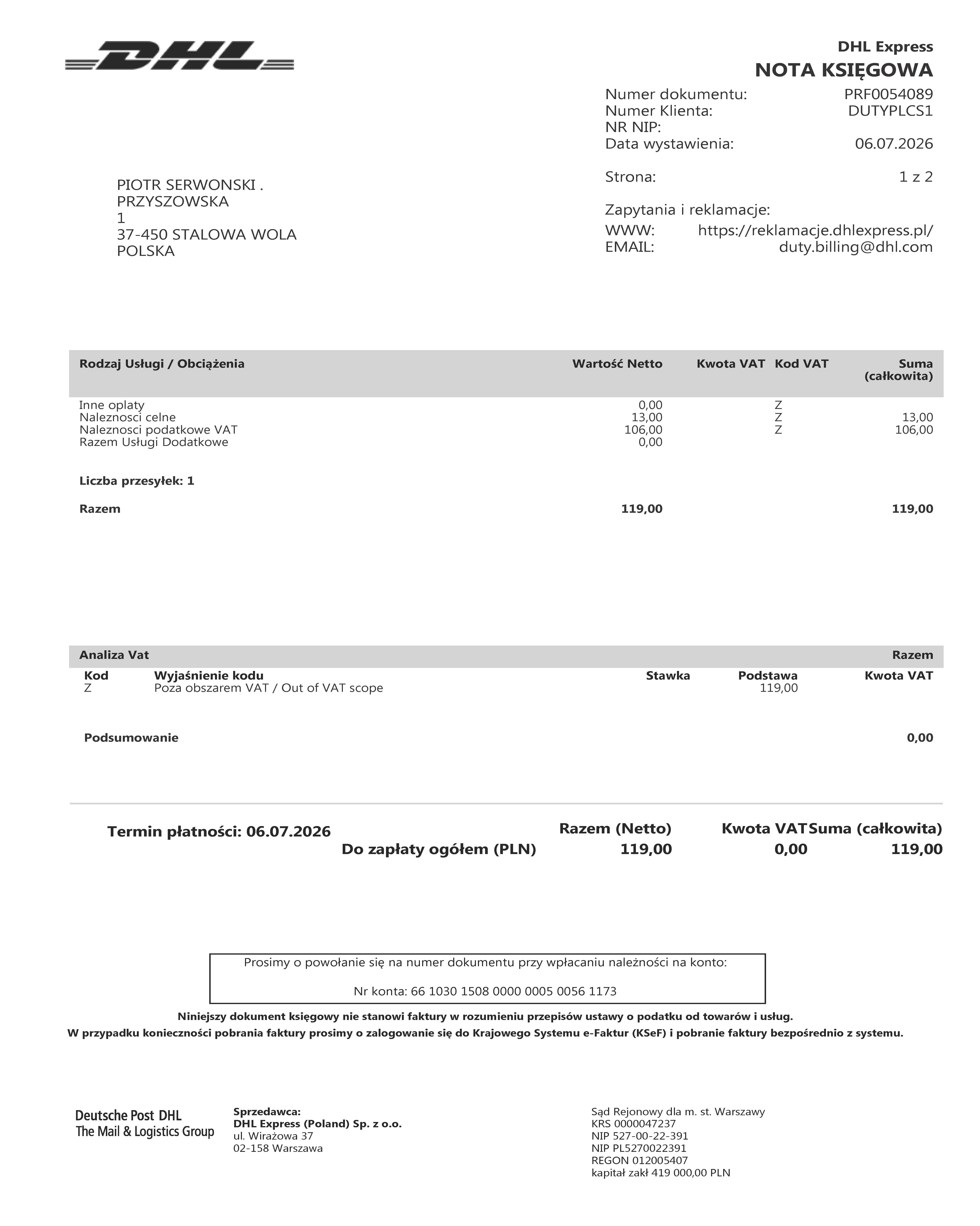 DHL Poland Nota Ksiegowa PRF0054089 page 1 for shipment 4691883416
