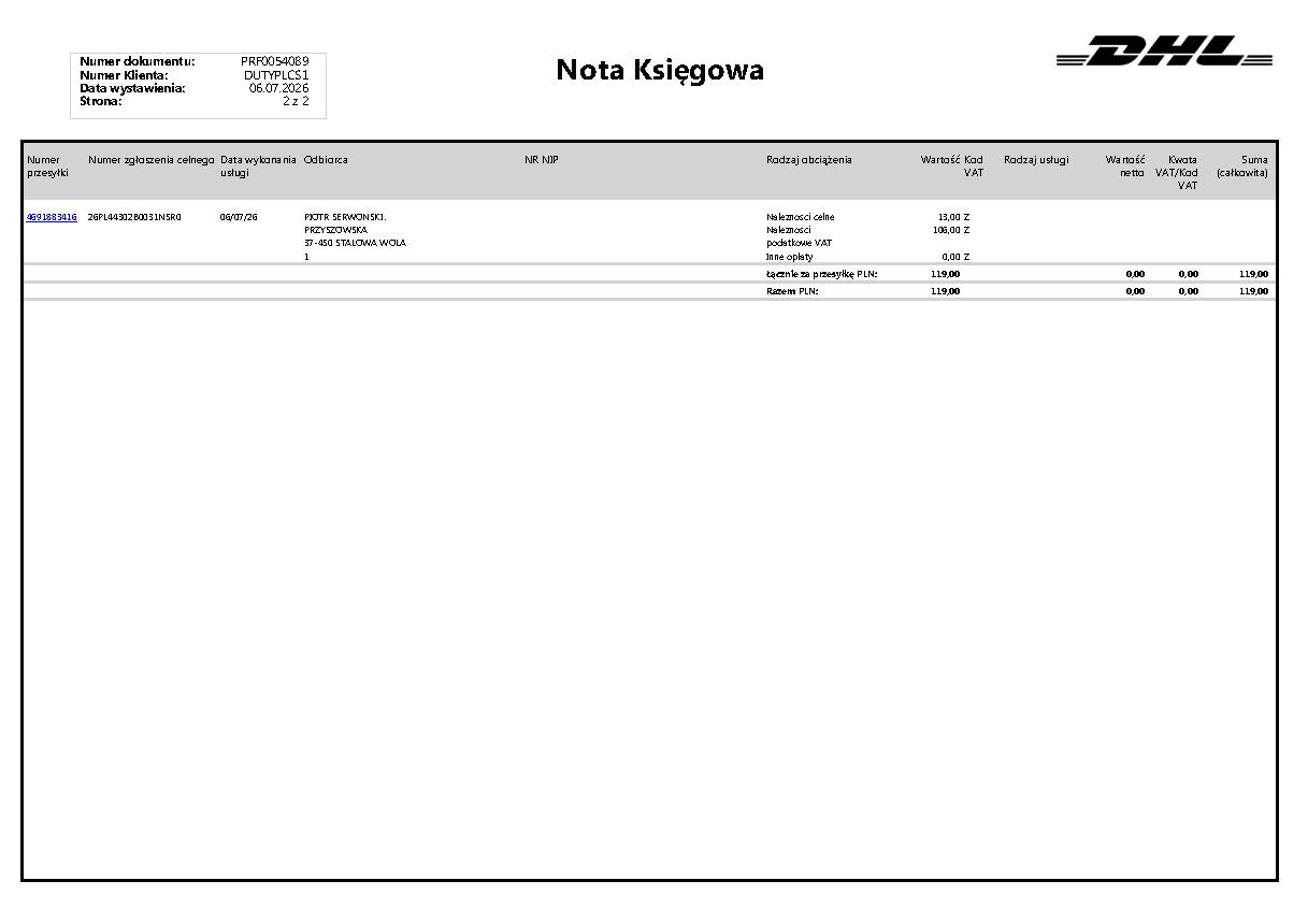 DHL Poland Nota Ksiegowa PRF0054089 page 2 shipment summary