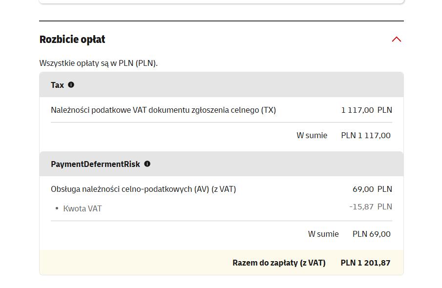 DHL Poland online charge breakdown 1201.87 PLN sample