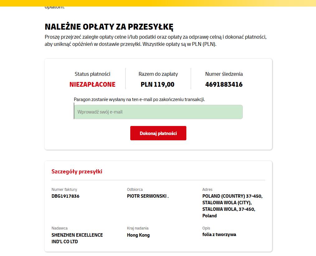 DHL Poland payment due page PLN 119.00 shipment 4691883416