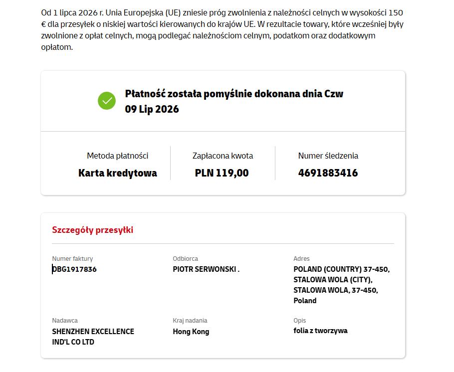 DHL Poland payment success PLN 119.00 shipment 4691883416