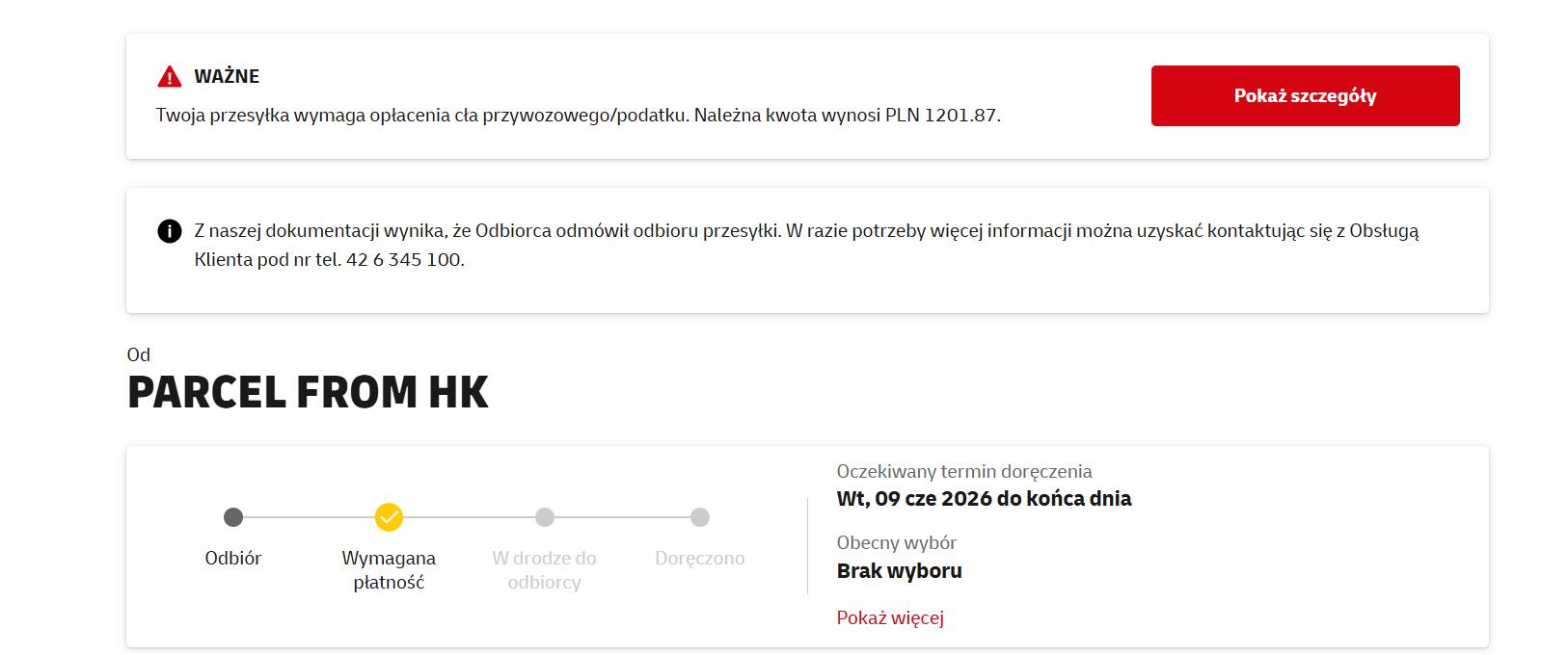 DHL Poland tracking page payment required 1201.87 PLN sample