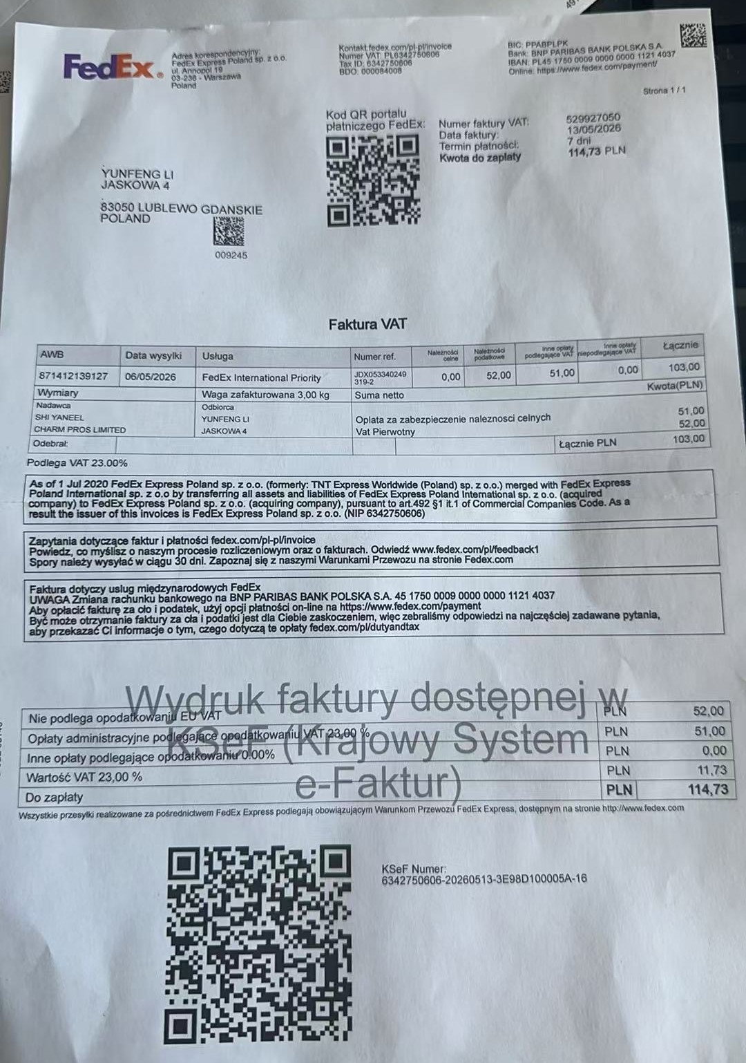 FedEx Poland VAT invoice 114.73 PLN sample