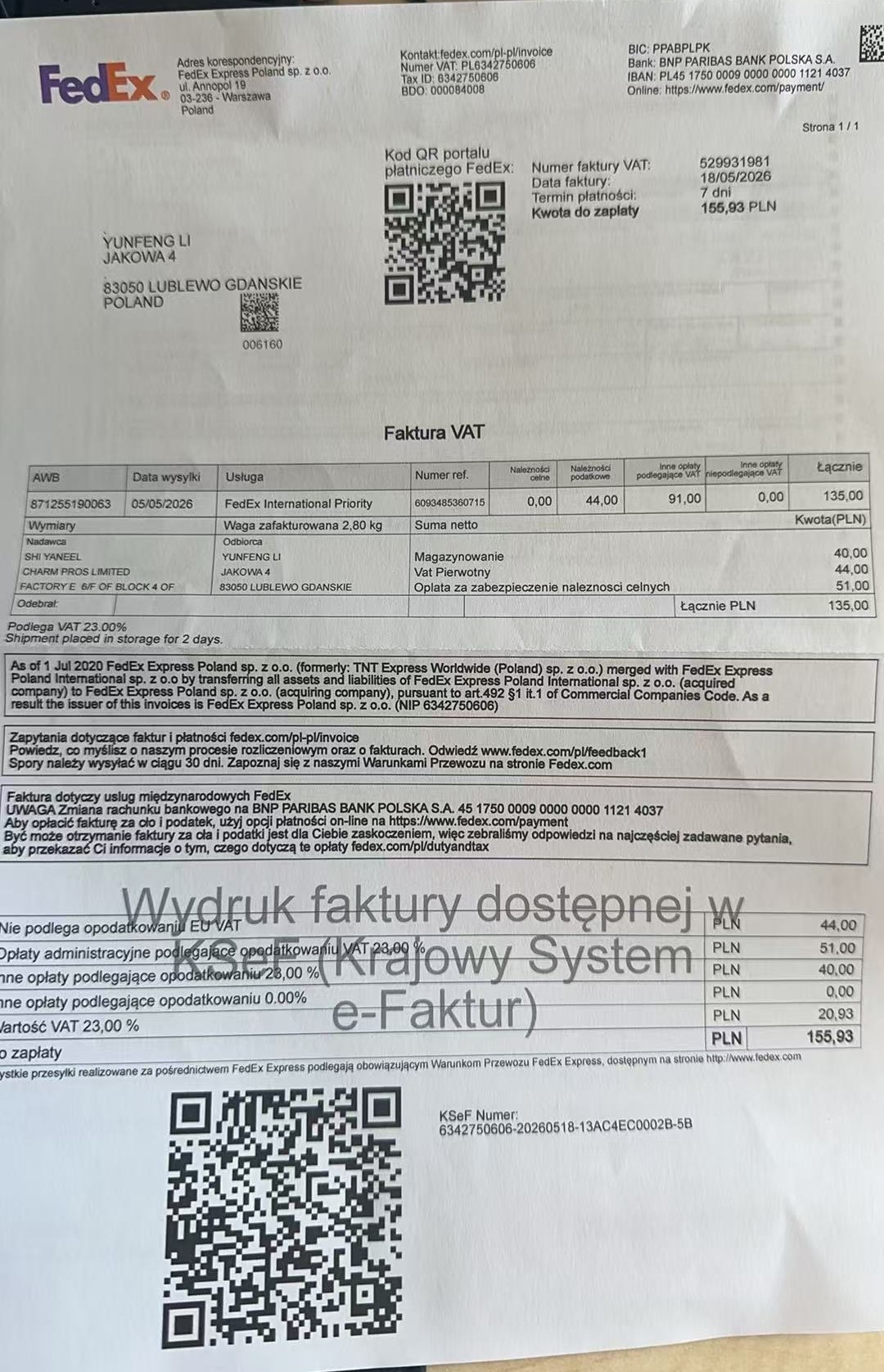 FedEx Poland VAT invoice 114.73 PLN second sample
