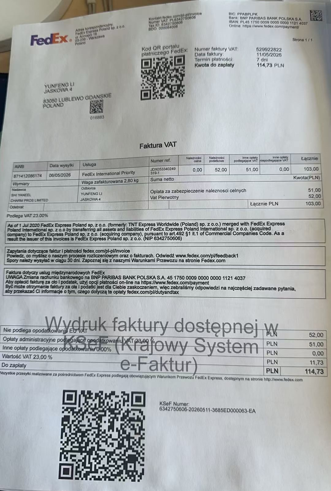 FedEx Poland VAT invoice 155.93 PLN storage sample
