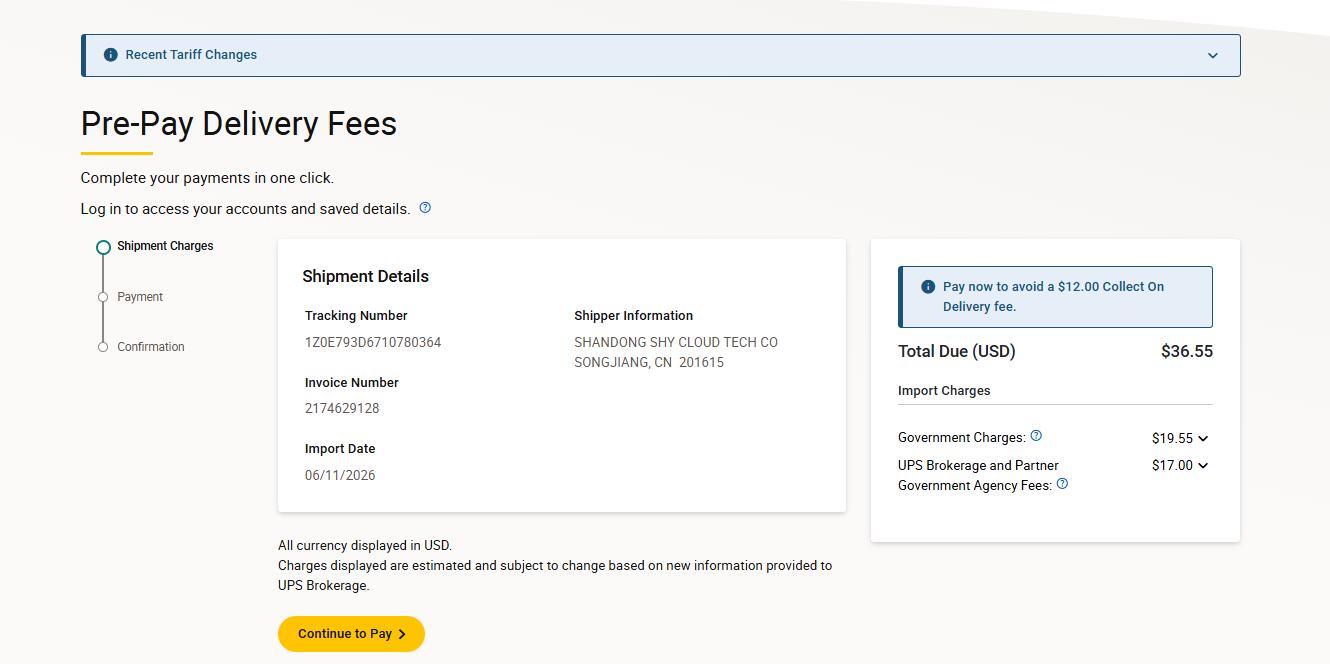 UPS Puerto Rico pre-pay delivery fees import charges sample