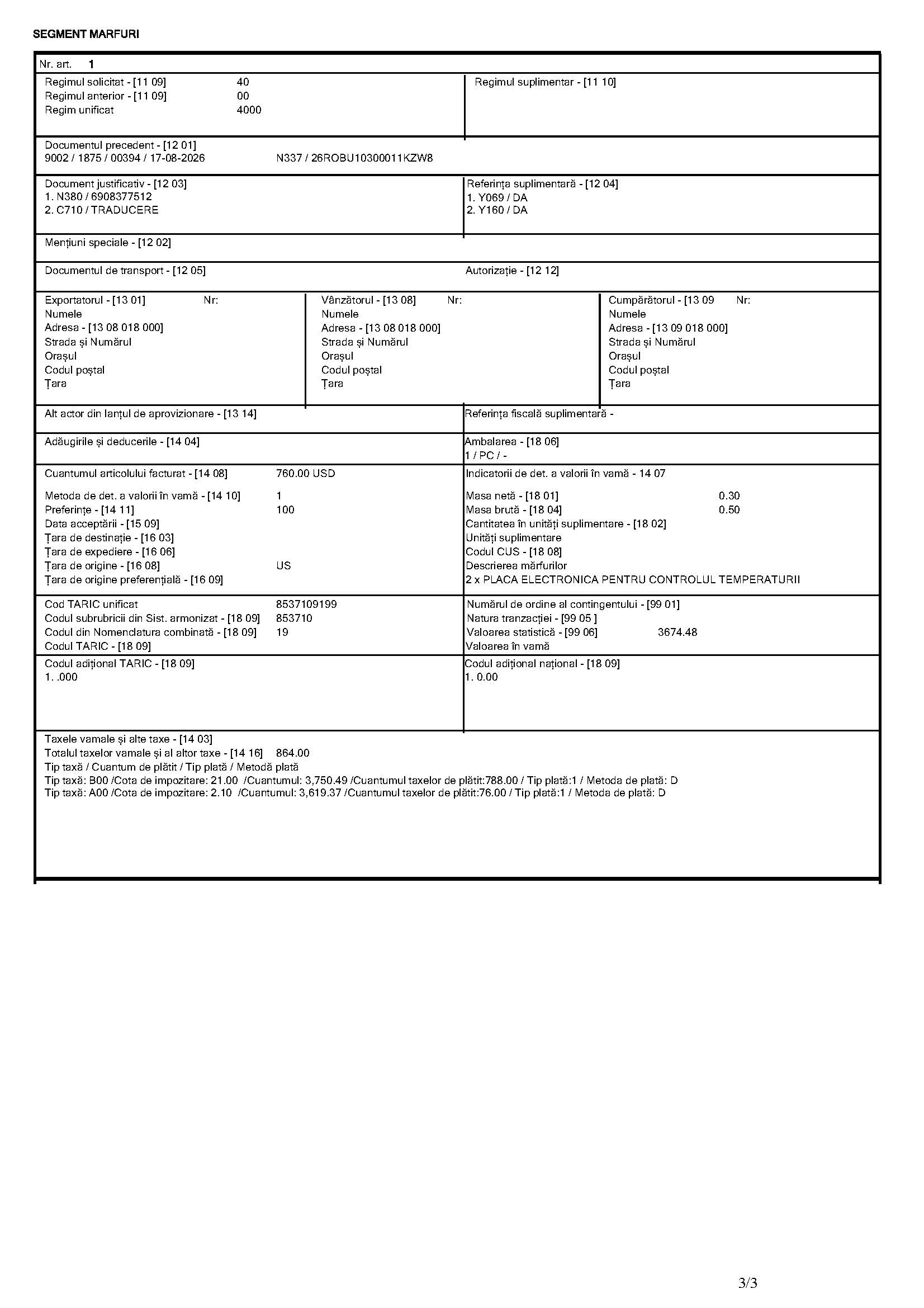 Romania import customs declaration page 3 HS 8537109199 duty VAT details