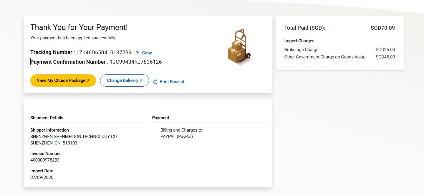 UPS Singapore payment confirmation total paid SGD 70.09