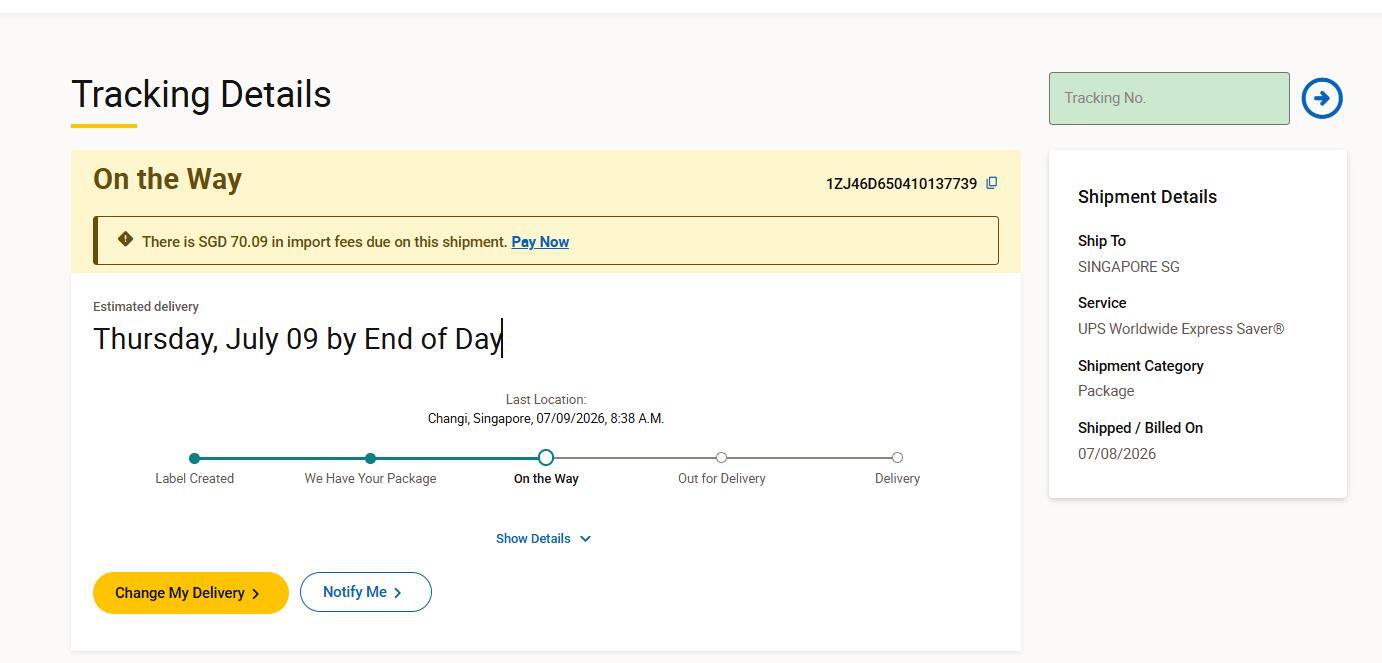 UPS Singapore tracking page import fees due SGD 70.09