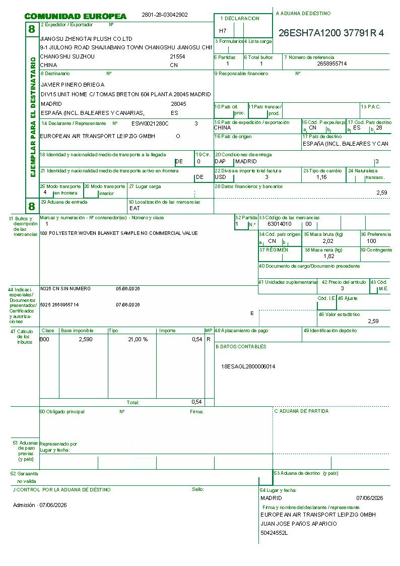 Spain EU customs declaration DHL shipment 2658955714 sample