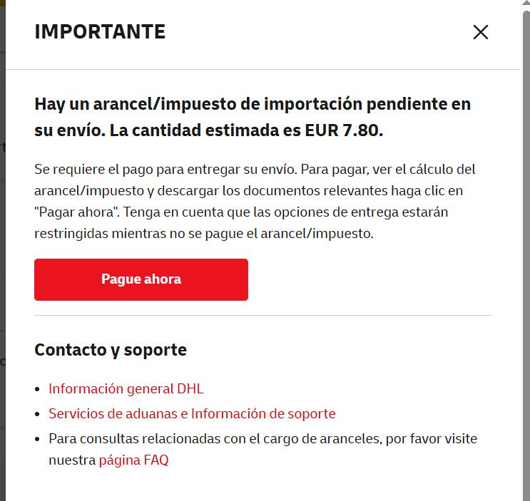 DHL Spain import duty notice EUR 7.80 sample
