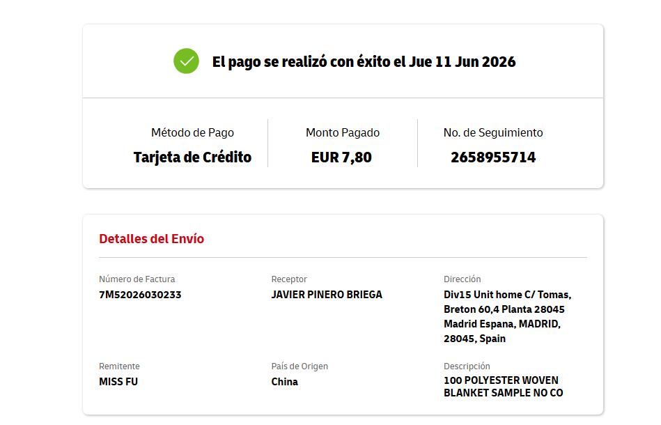 DHL Spain payment success EUR 7.80 sample
