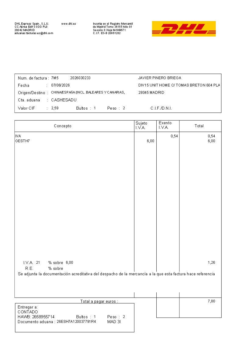 DHL Spain tax invoice 7M52026030233 sample