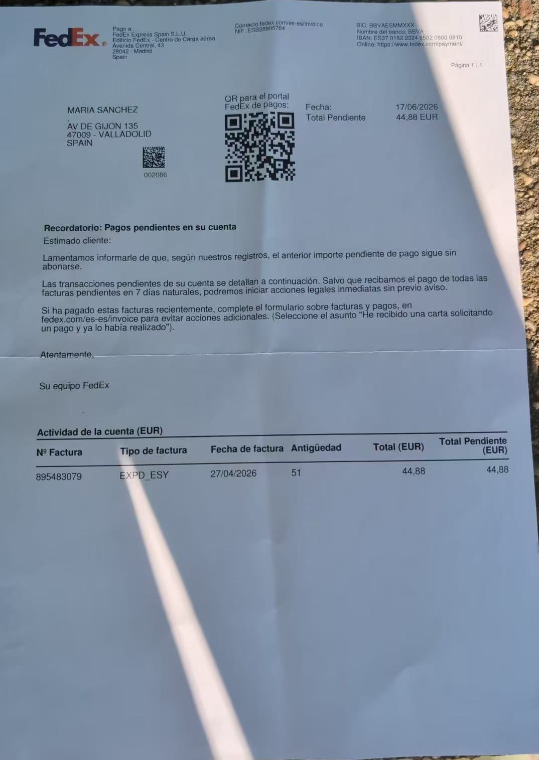 FedEx Spain paper payment reminder invoice 895483079 total pending EUR 44.88