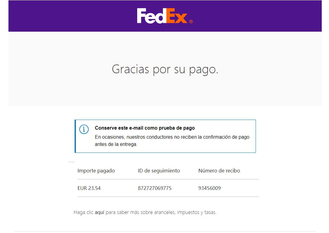 FedEx Spain payment confirmation EUR 23.54 sample