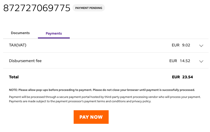 FedEx Spain payment pending VAT and disbursement fee sample