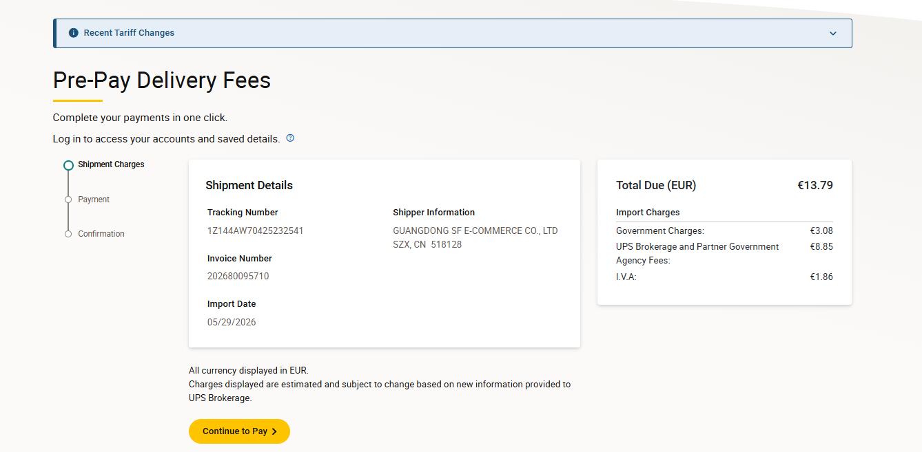 UPS Spain pre-pay delivery fees import charges sample