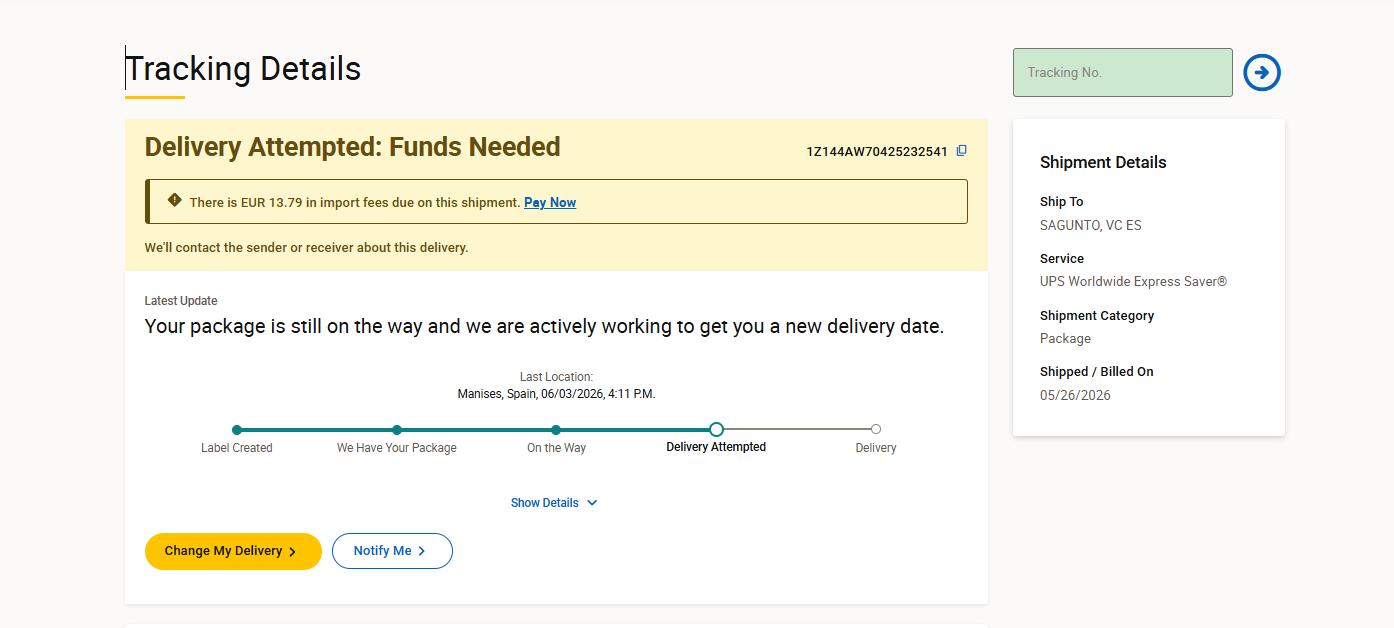 UPS Spain tracking import fees due sample