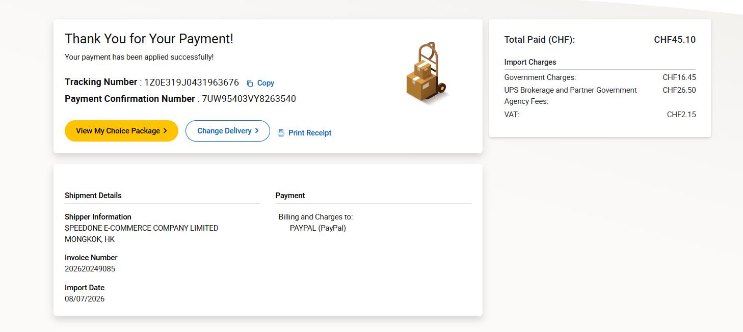 UPS Switzerland payment confirmation showing CHF 45.10 paid through PayPal