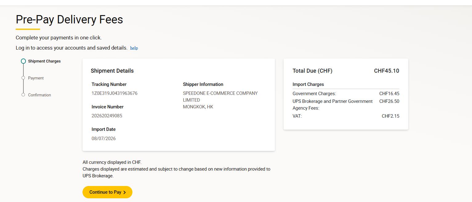 UPS Switzerland pre-pay page showing government charges brokerage fees and VAT