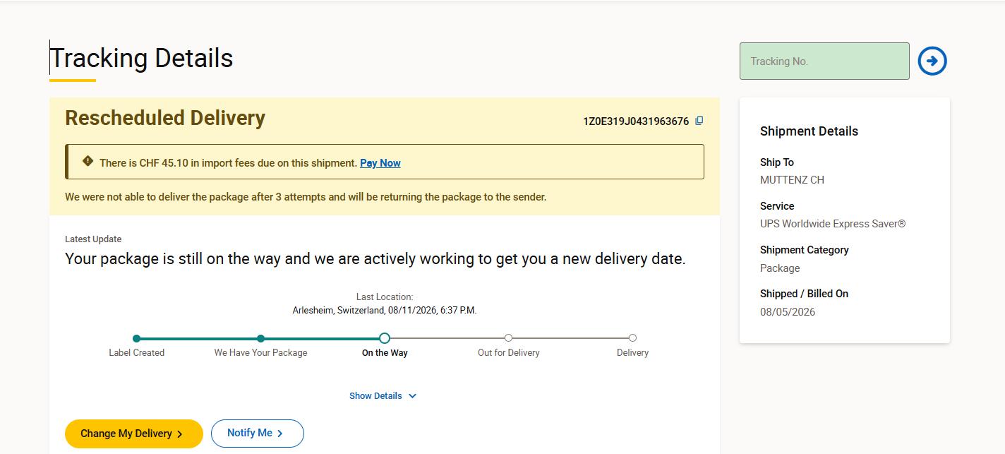 UPS Switzerland tracking page with rescheduled delivery and CHF 45.10 import fees