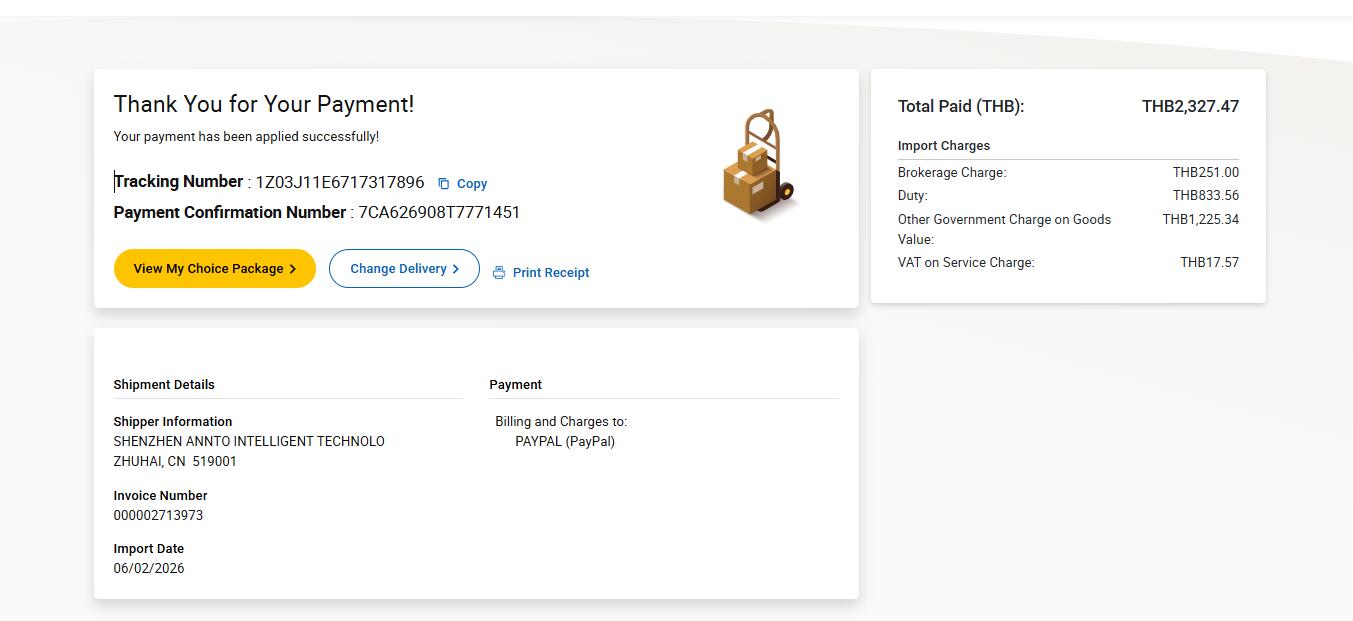 UPS Thailand payment confirmation import charges sample