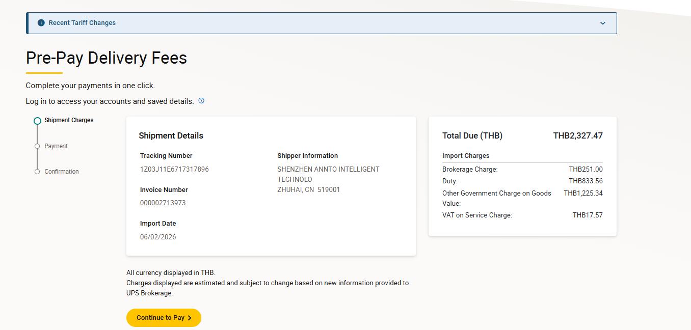 UPS Thailand pre-pay delivery fees import charges sample