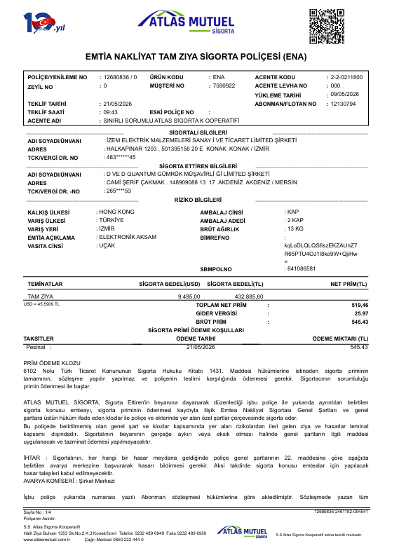 Turkey Atlas Mutuel cargo insurance policy sample