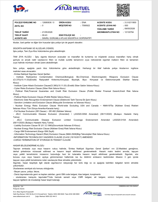 Turkey Atlas Mutuel insurance terms page 2 sample