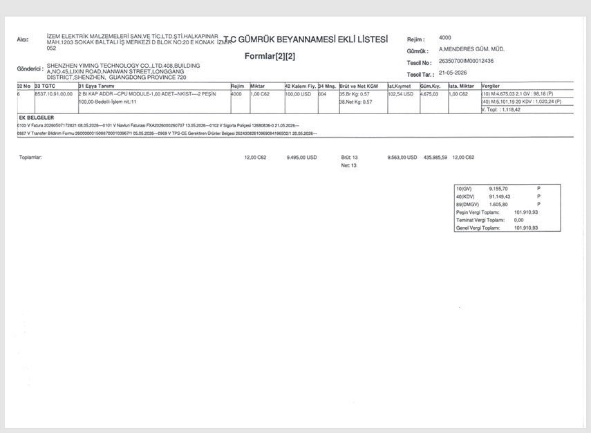 Turkey customs declaration attachment list page 2 tax total sample