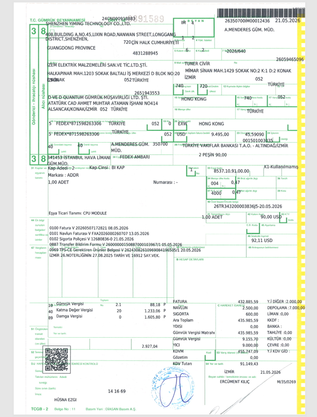 Turkey customs declaration import tax sample