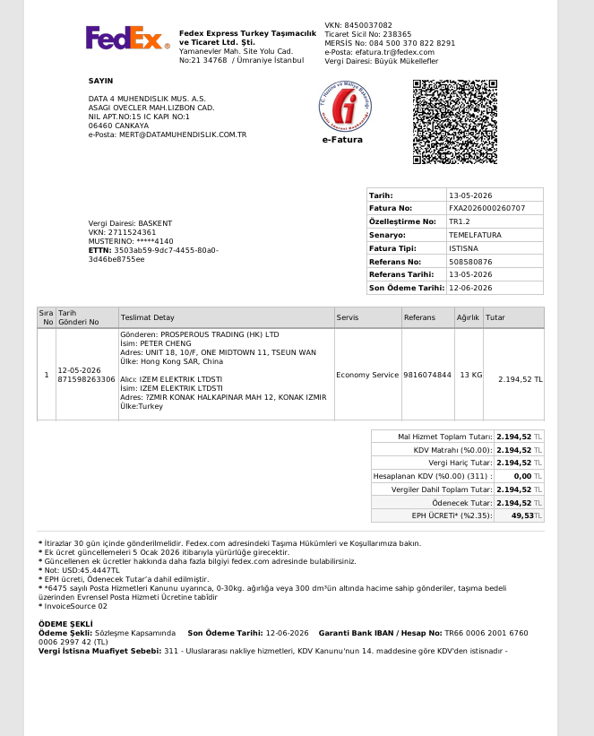 FedEx Turkey electronic invoice sample